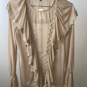 Elegant Beige Floral Trim Women's Top